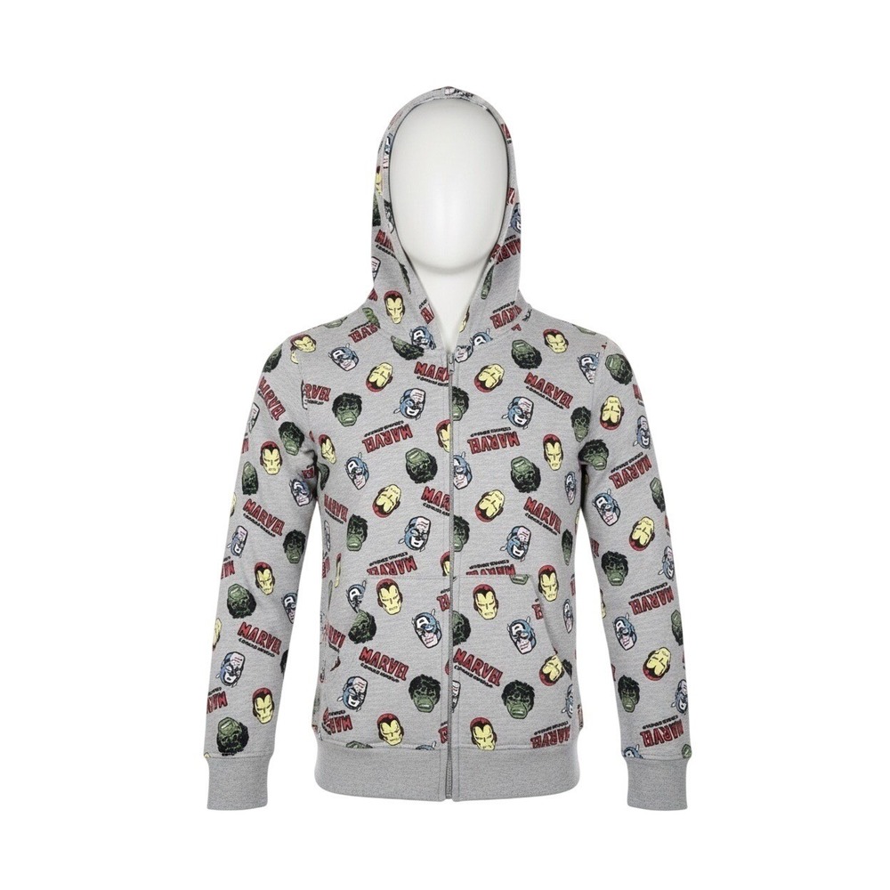 Kids Marvel Superhero Face Print Zip Up‎ Hoodie Gray, Size M, NWT